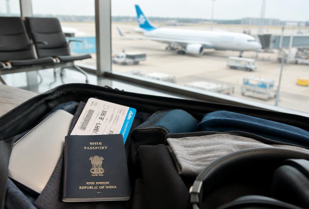 A packed suitcase with an Indian passport and boarding pass at an airport departure gate