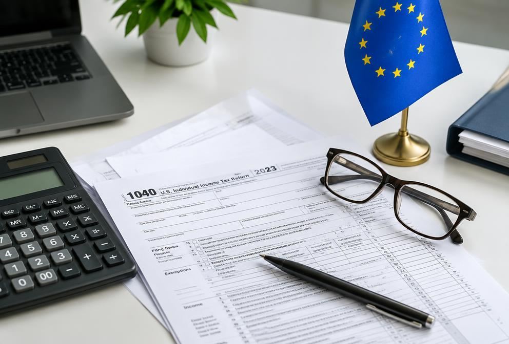 Tax forms with a calculator and an EU flag on an accountant's desk