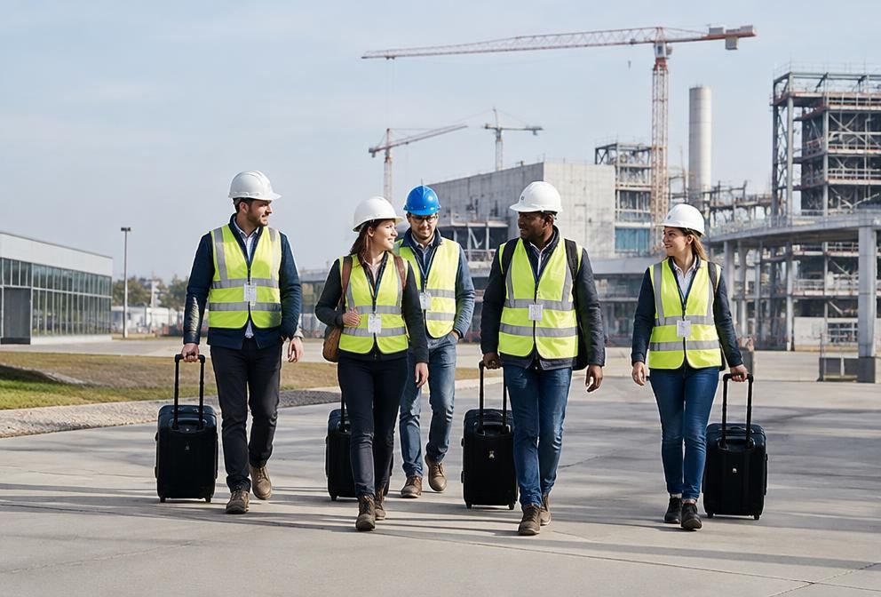 A team of engineers with luggage arriving at a European industrial site
