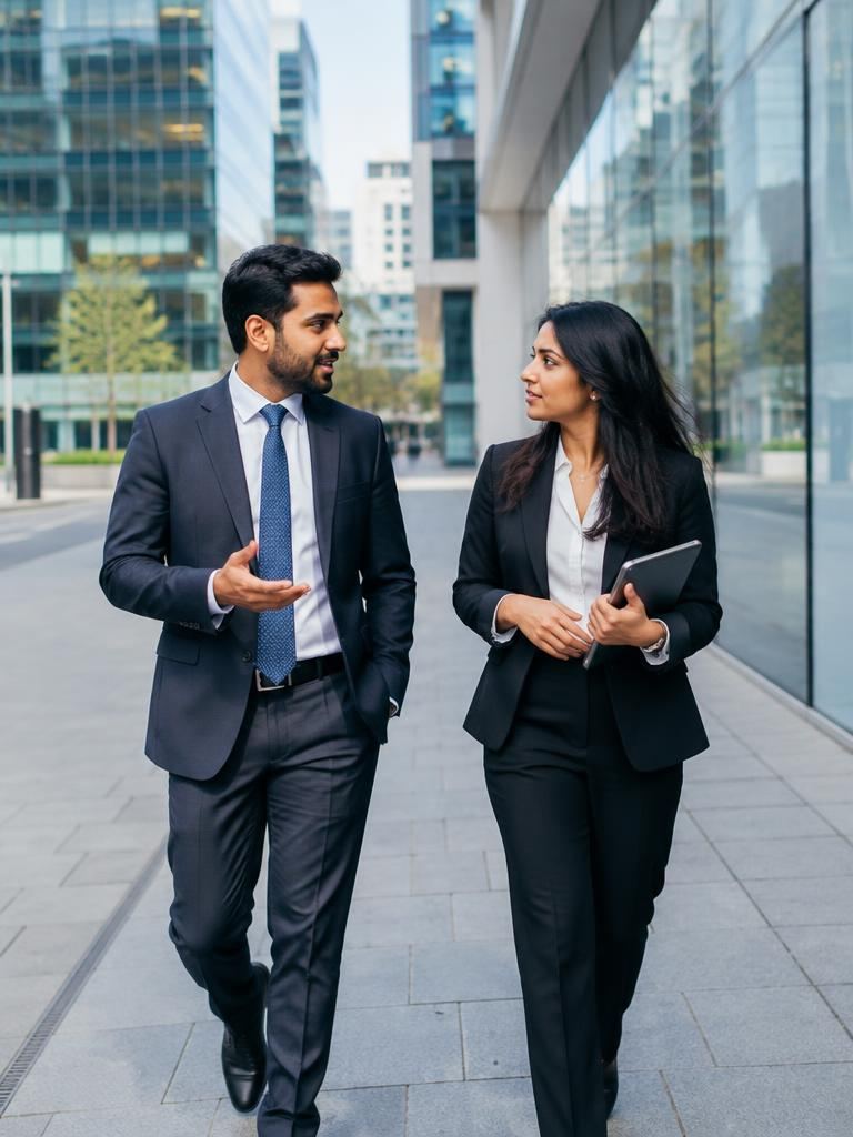 Two Indian business professionals walking through a modern European business district