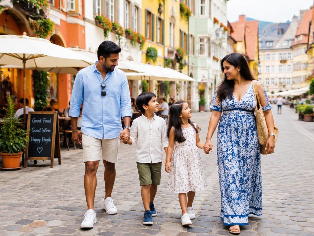 An Indian family with two children walking through a colourful European old town street