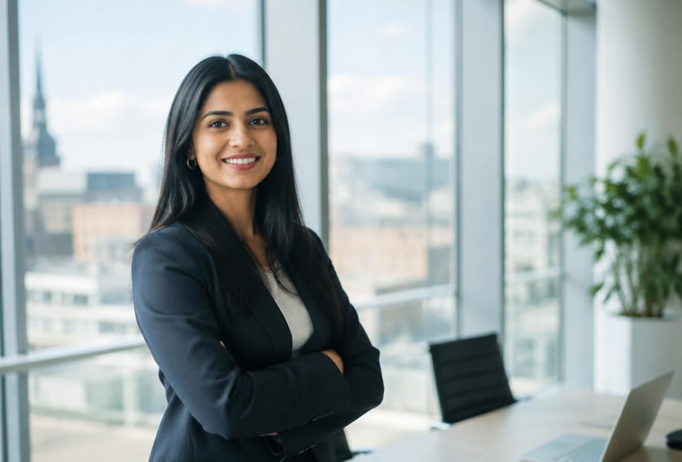 An Indian businesswoman in a blazer in a bright modern European office
