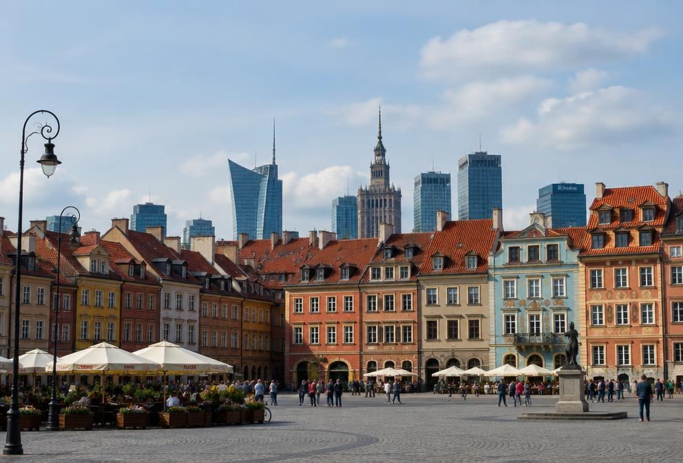 Warsaw's old town square with colourful townhouses