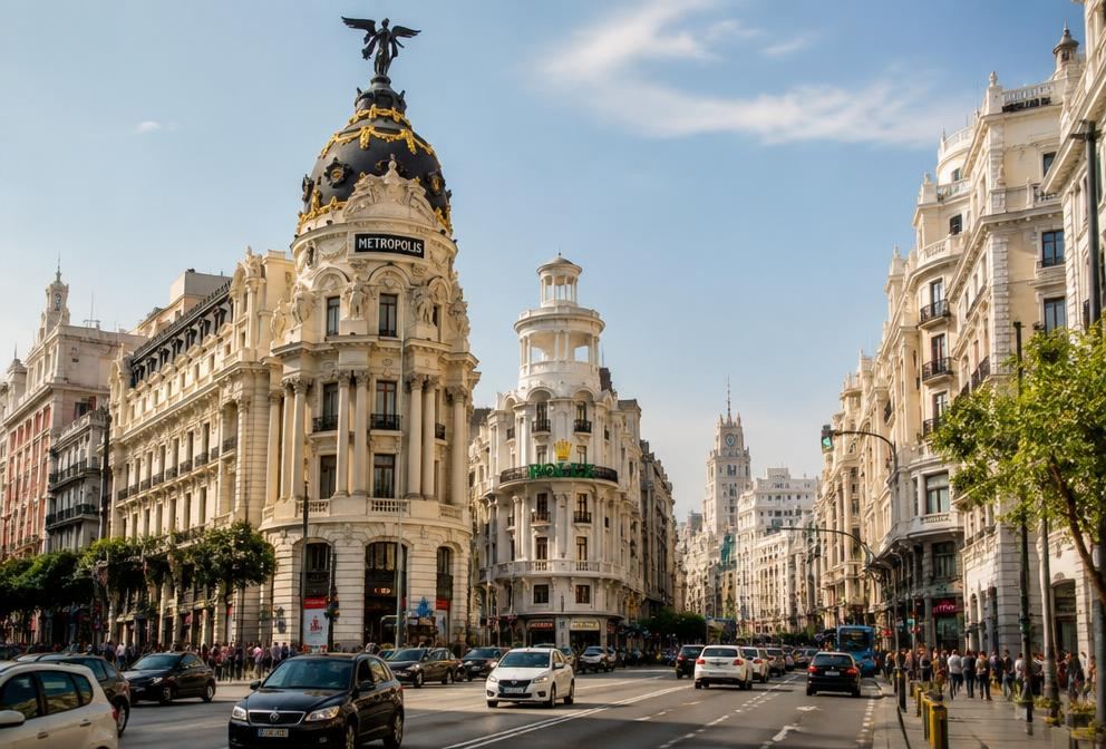 Gran Via in Madrid at sunset