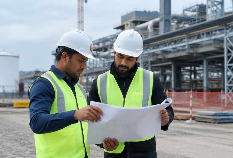 Two Indian engineers in safety vests and hard hats reviewing plans at an industrial site