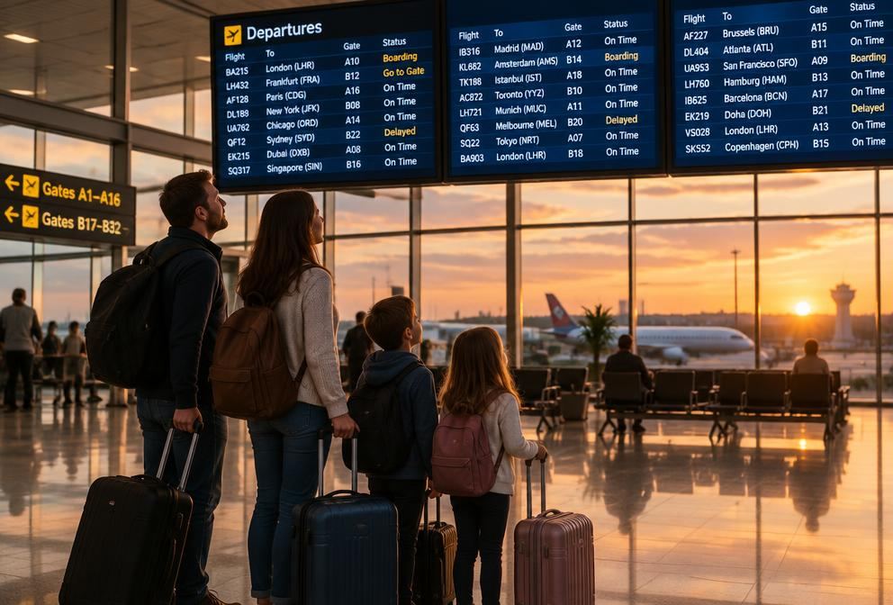 A family with suitcases waiting at an airport departures board