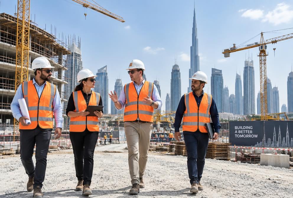 Engineers in safety vests and hard hats at a construction site