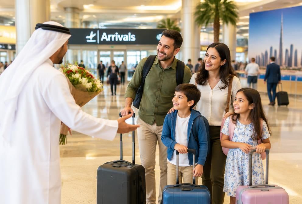A family with luggage being welcomed at Dubai airport arrivals