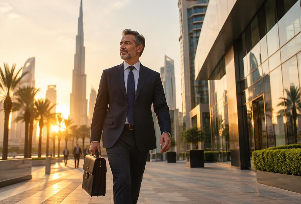 An executive walking through a business district