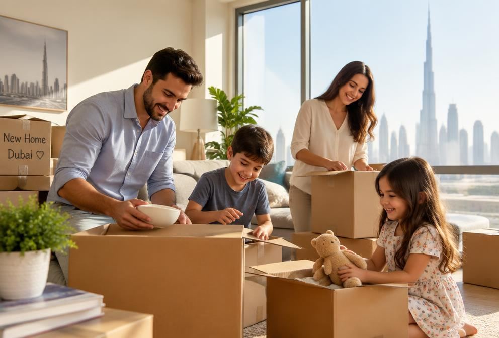 A family unpacking boxes in their new Dubai apartment