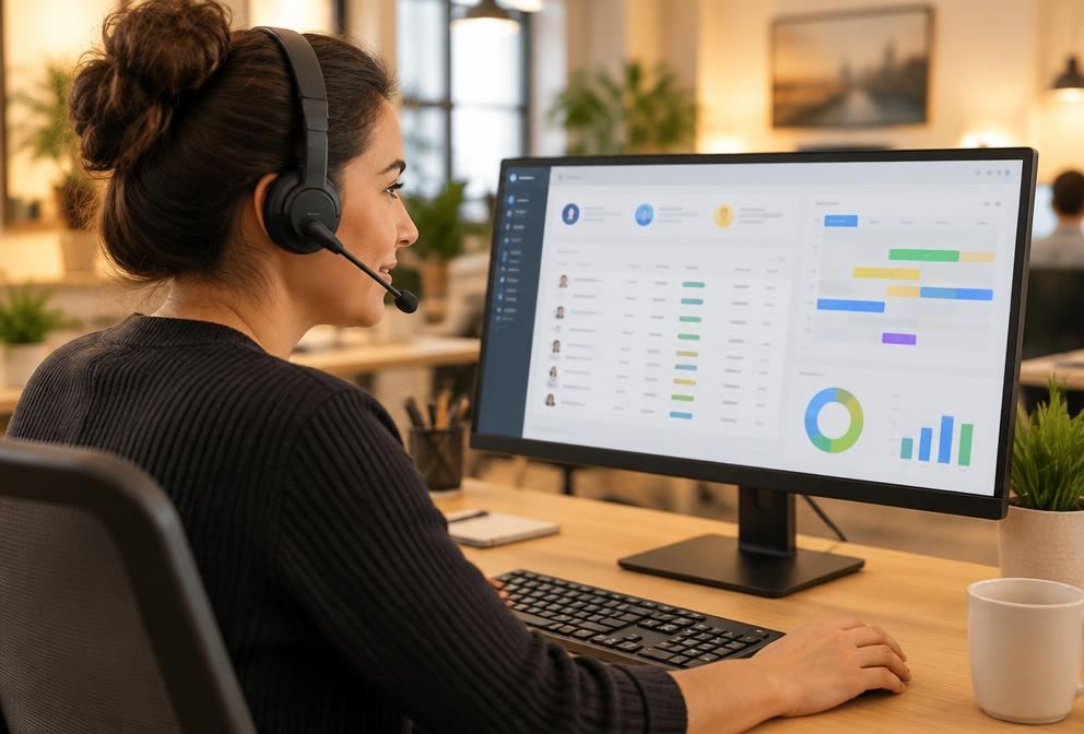A support consultant reviewing an assignment dashboard on a call