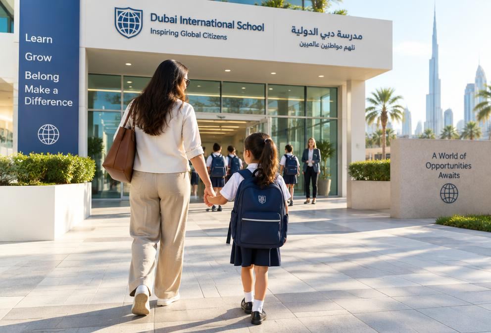 A parent and child walking into an international school in Dubai
