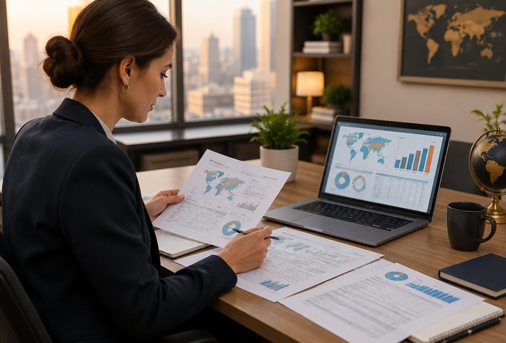 An advisor reviewing cross-border tax documents and charts