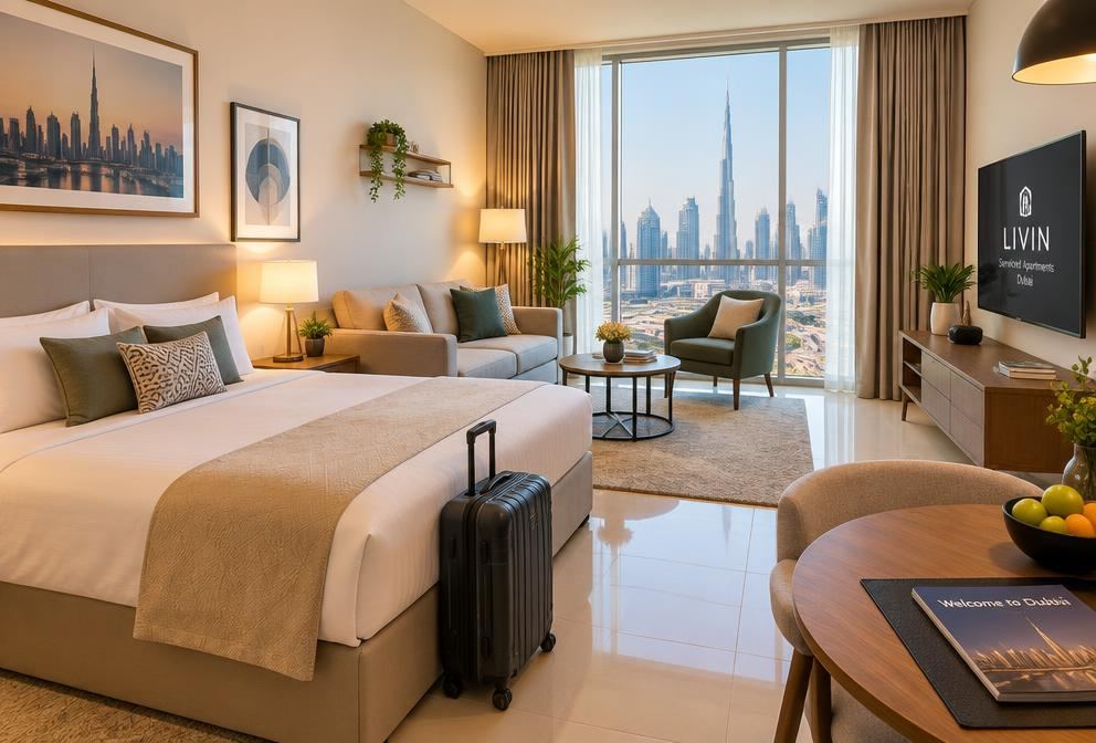 A bright serviced apartment in Dubai with a suitcase by the bed