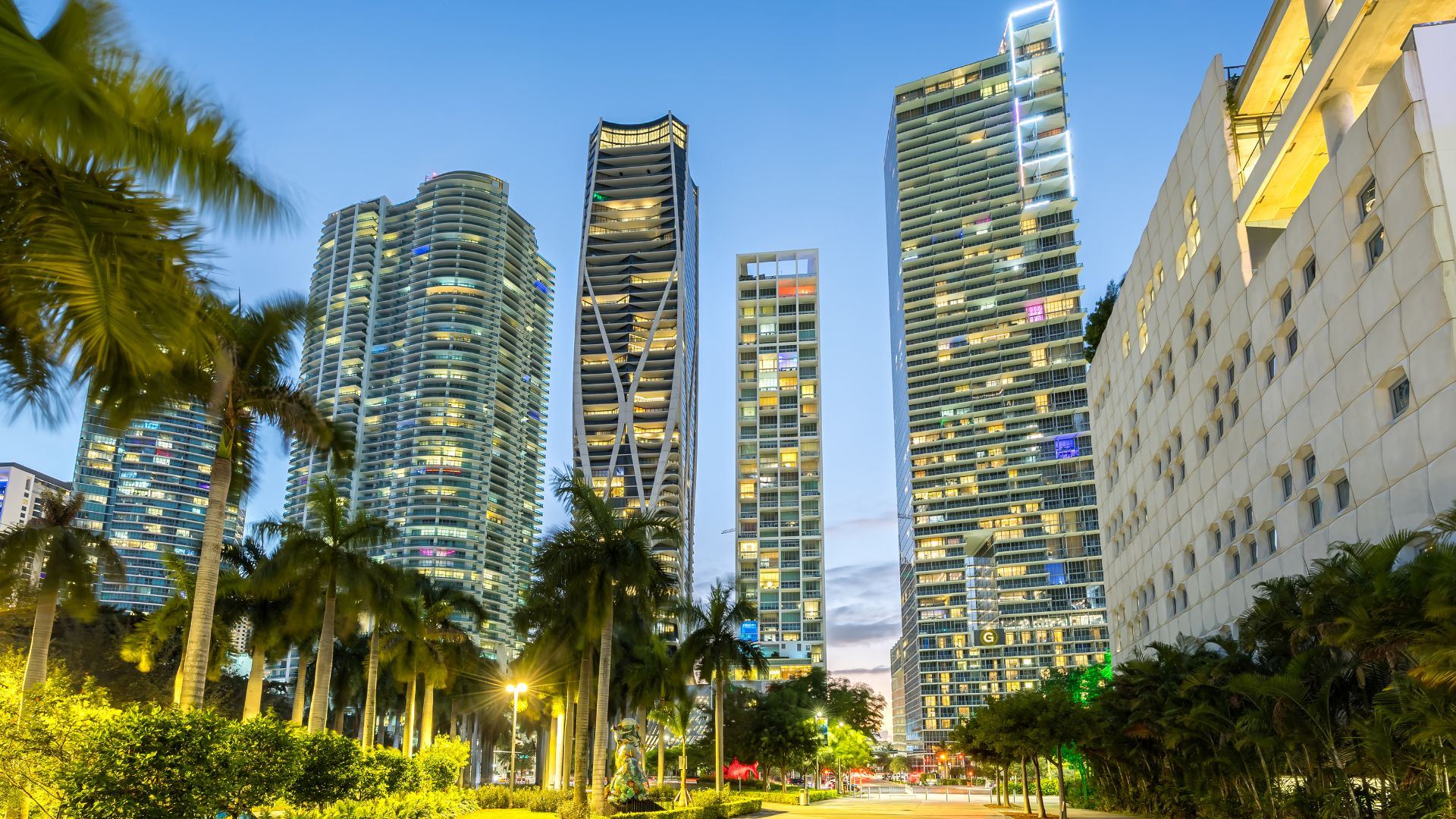 Miami skyline at dusk with palm trees and illuminated high-rise towers