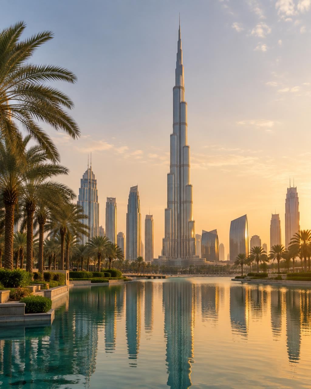 Dubai skyline with palm trees and the Burj Khalifa
