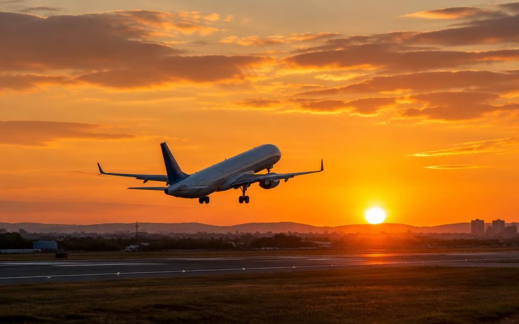 Commercial airplane taking off at sunset
