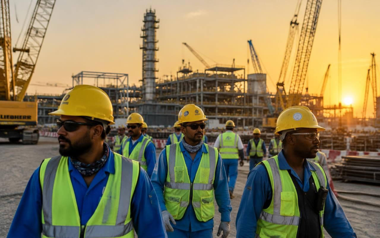 A multinational project team in hard hats on a construction site