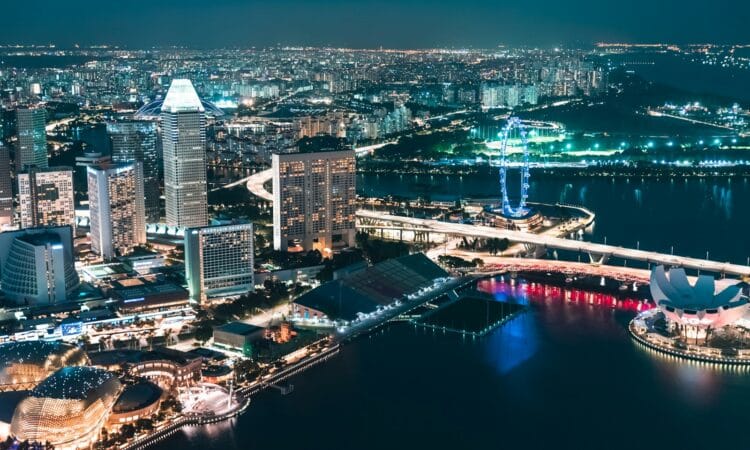 aerial view of city buildings during night time