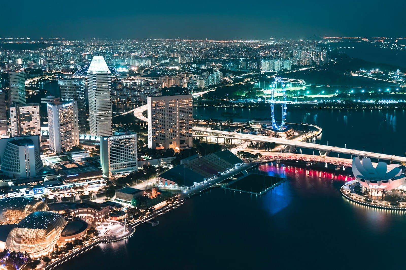 aerial view of city buildings during night time