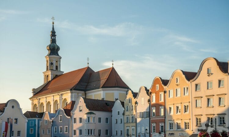 a group of buildings with a tower