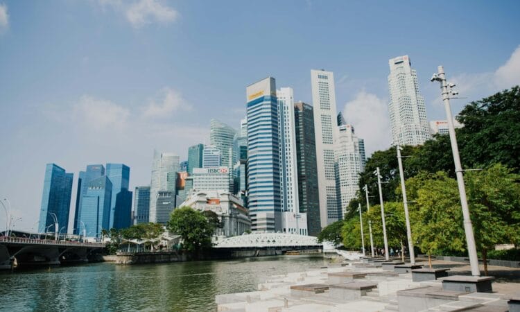 city skyline near water and bridge