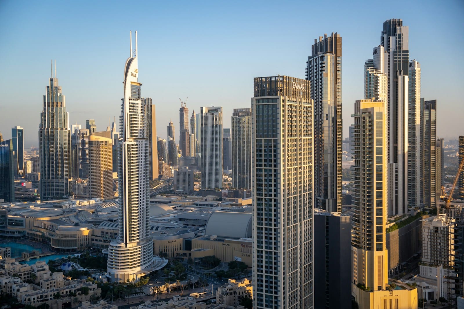 A view of a city with tall buildings