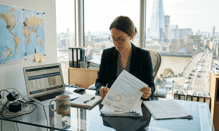 HR reviewing expat documents in corner office