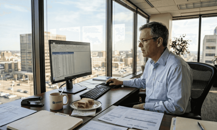 HR manager tracking expenses at office desk