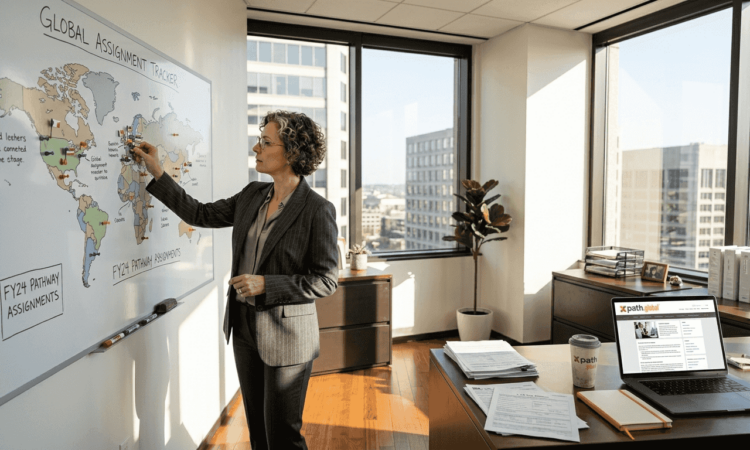 HR manager reviewing global mobility assignments