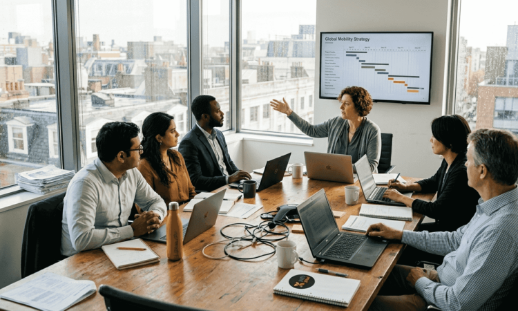 Multinational team meeting in sunlit corner office