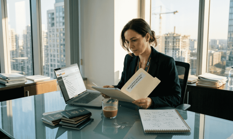 HR manager reviews mobility documents at desk