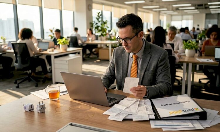 HR manager reviewing expatriate expenses at desk