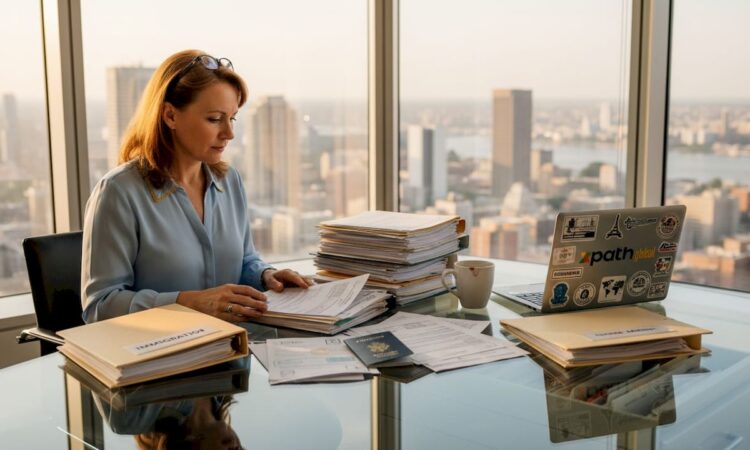 HR manager reviews global assignment paperwork