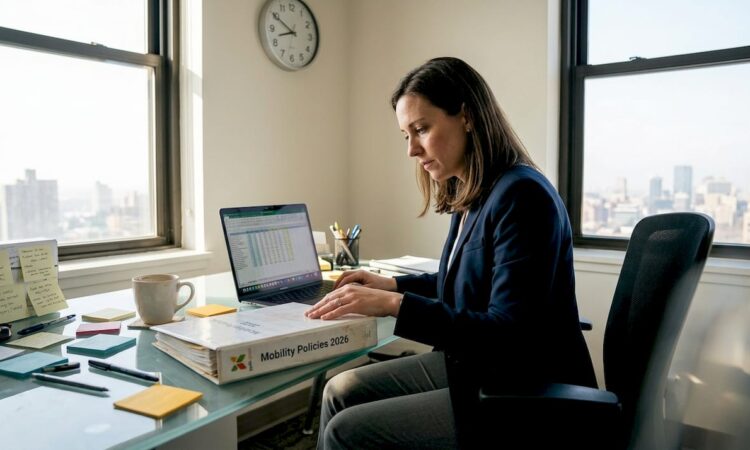 HR manager at glass desk reviewing mobility policies