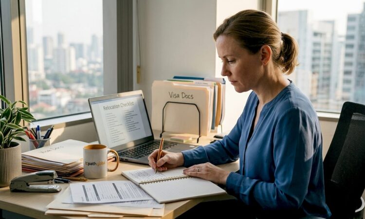 HR manager reviewing relocation checklist