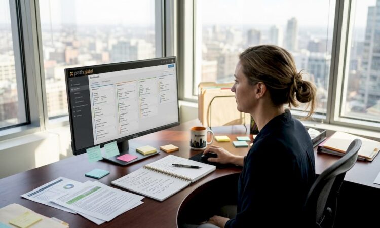 HR manager using workflow dashboard in corner office