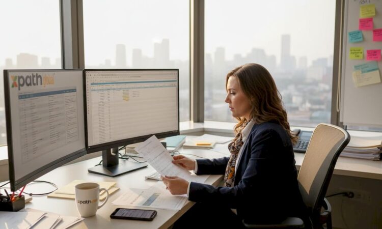 HR manager reviews relocation workflow at office desk