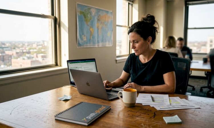 Manager building global HR strategy at desk