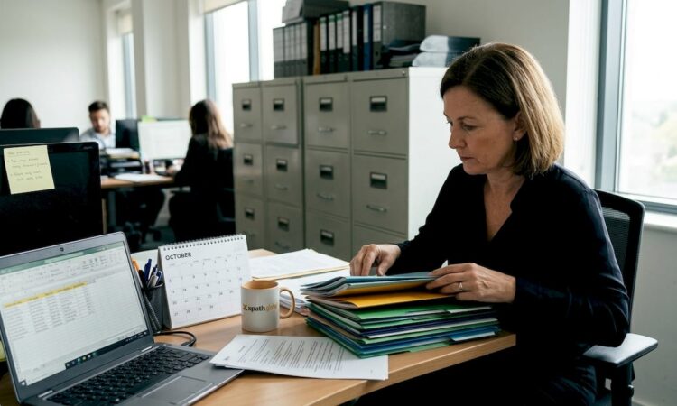HR manager organizing compliance document folders