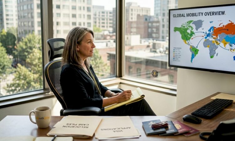 HR manager reviewing global mobility plans