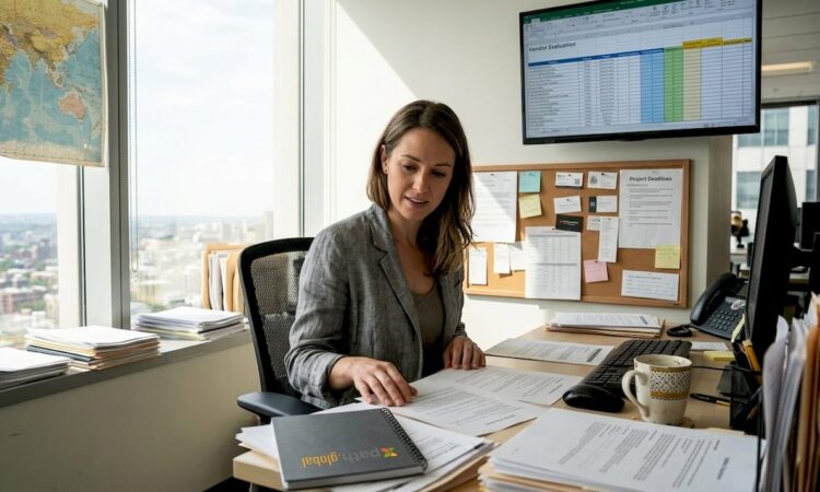 HR specialist reviewing global mobility contracts