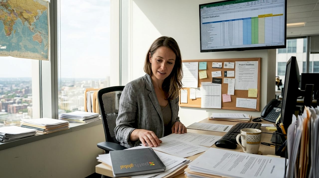 HR specialist reviewing global mobility contracts