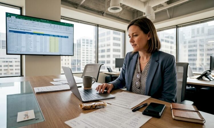 HR manager reviews relocation policies in office