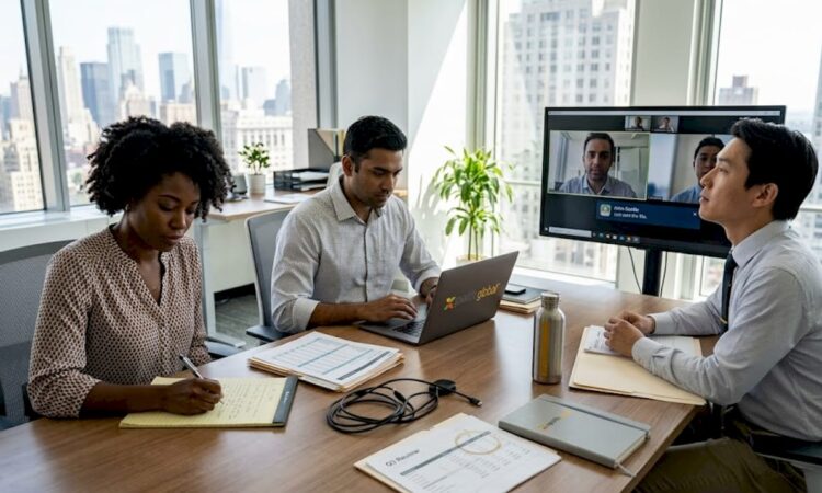 Team collaborating during global relocation project