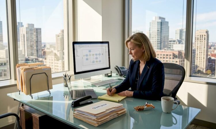 HR manager working on workflow automation diagram