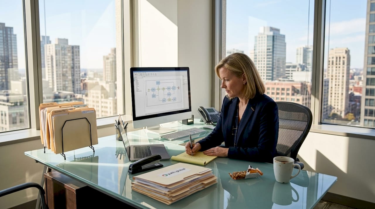 HR manager working on workflow automation diagram