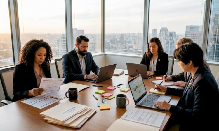 HR managers collaborating in bright corner office