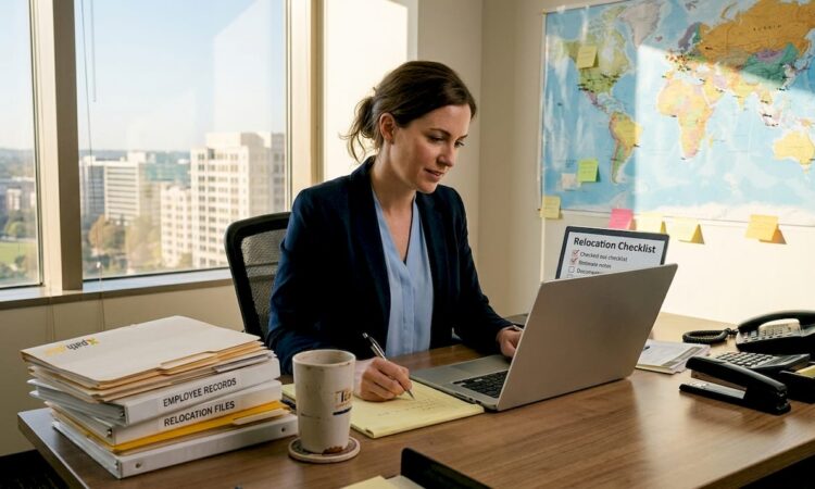HR manager reviewing global relocation checklist