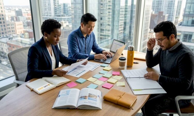 Global team collaborating in office